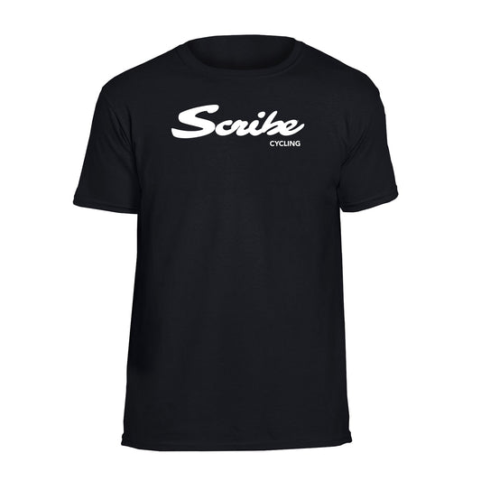 Scribe Standard Men's Tee – black cycling T-shirt with white Scribe logo, 100% cotton.