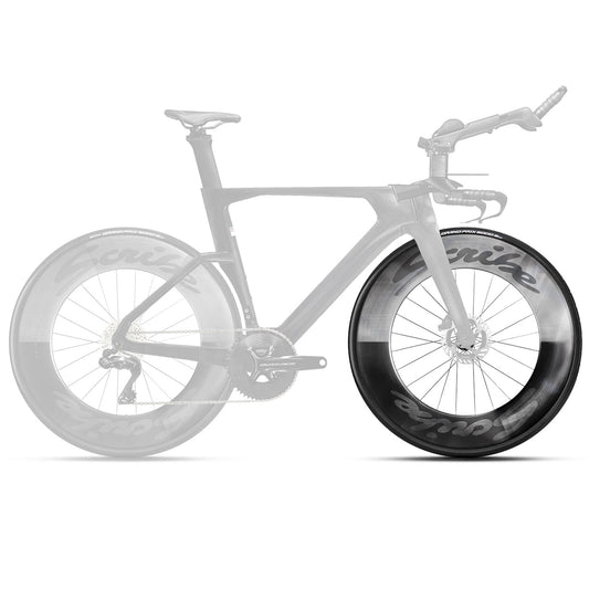 Tempus Carbon TT Front Wheel mounted on time trial bike – delivers maximum aero efficiency and crosswind stability for race conditions.