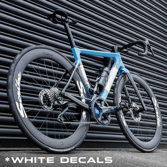 Scribe bike with white Scribe decals applied on rims – 40mm model display.